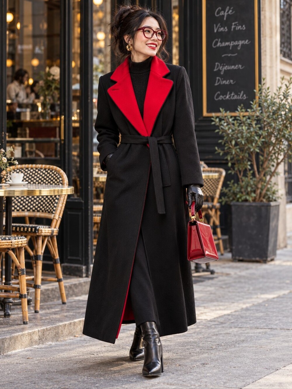 Vintage Mar-Lo Montreal Pure Virgin Wool Black Red Maxi Coat Belted